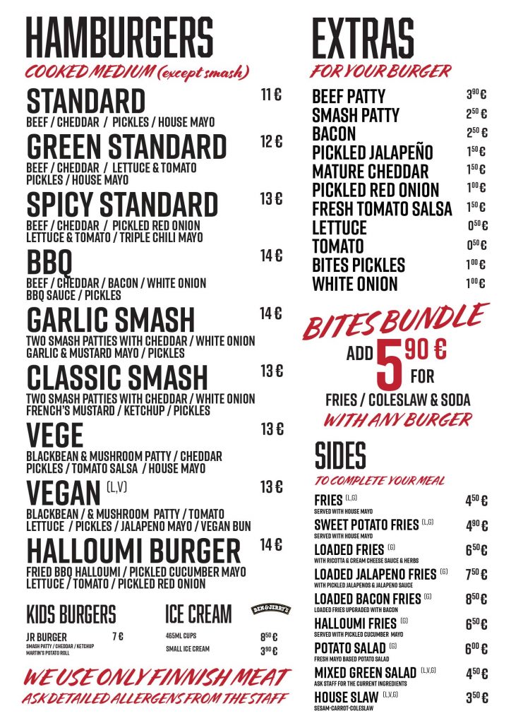 Bites Burgers menu